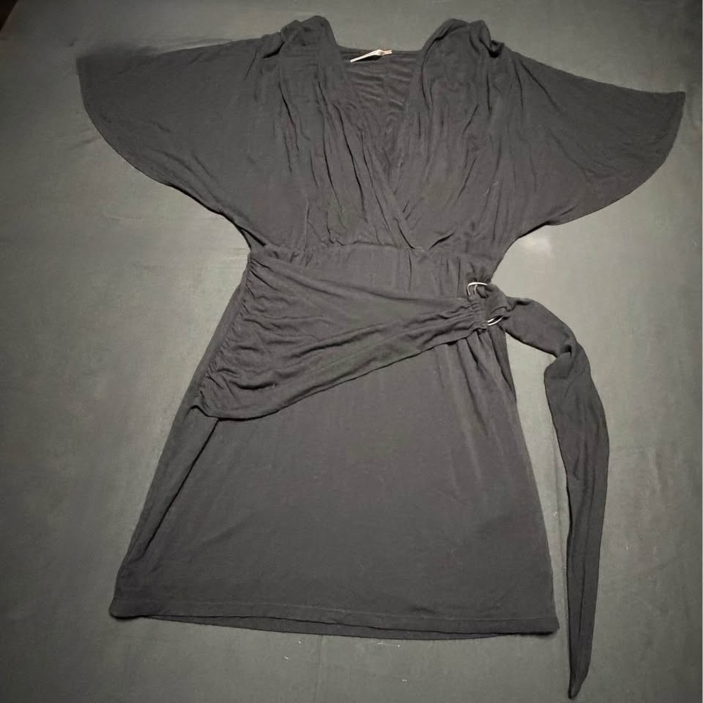 Free People XS Black Wrap Tunic Top Kimono Dolman Sleeve D Ring Boho Stretch